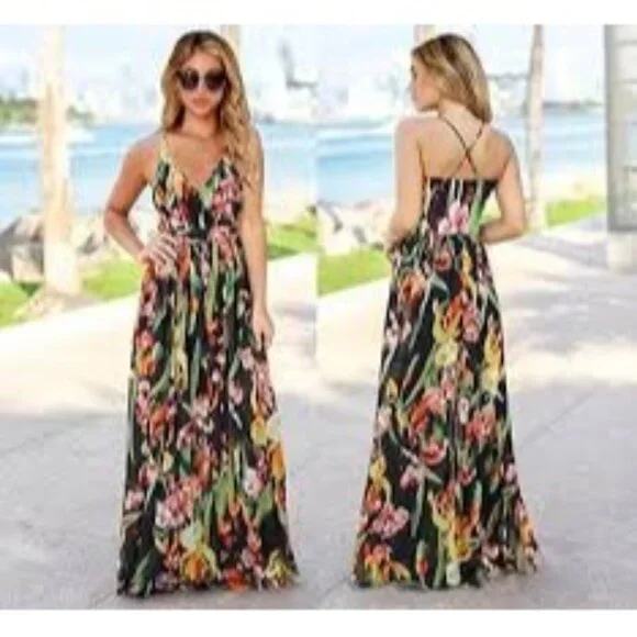 2/$50 NEW Bohemian XL Floral V-Neck Maxi Dress With Cross Back Straps - Picture 2 of 16
